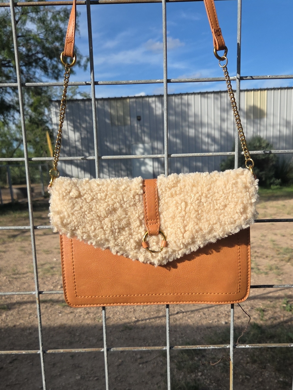 Universal Thread Tan Faux Leather Crossbody with Cream Shearling Flap
